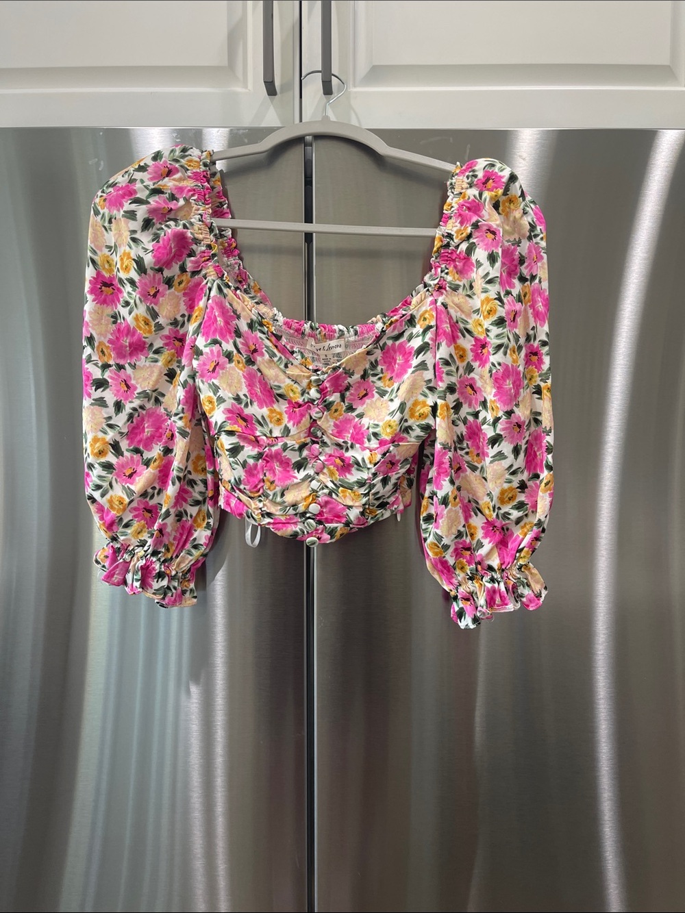 For Love And Lemons Pink & Yellow Floral Puff-Sleeve Ruched Crop Top
